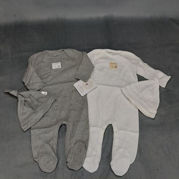 Burt's Bees Organic Cotton 4Pc Coveralls Footed Pajamas Knot Top Hats Gray 0-3M - Picture 1 of 7